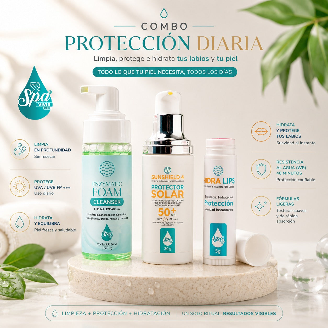 Enzymatic foam + Protector sunshield + Hidralips