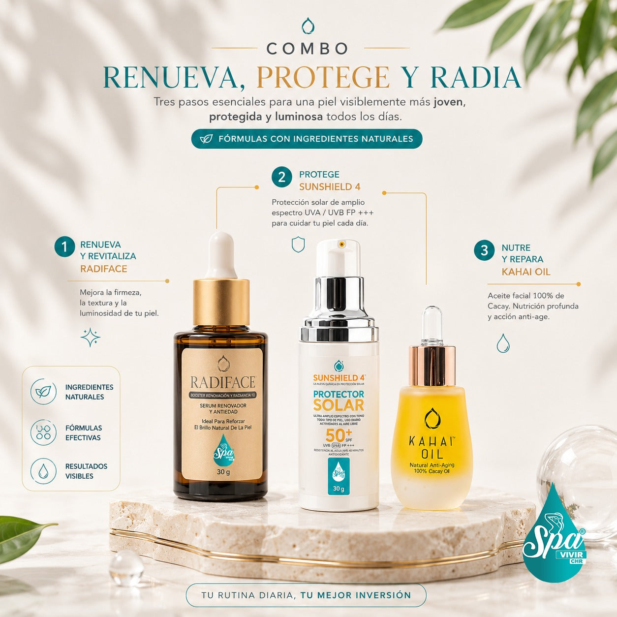 Protector solar + Radiface + Aceite kahai