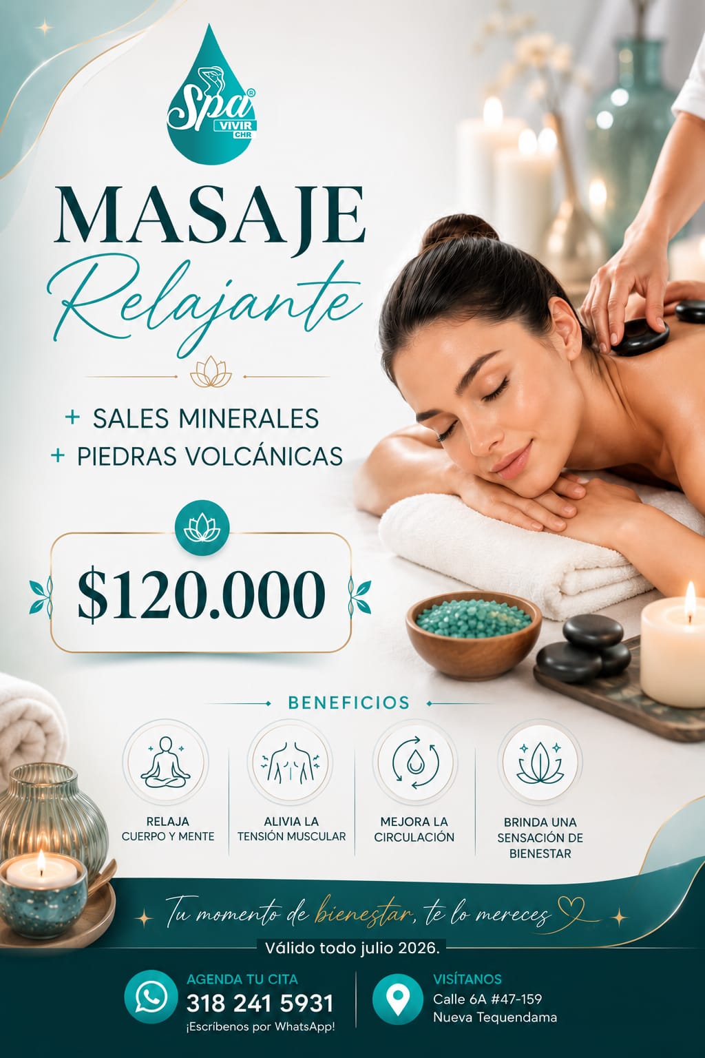 Masaje relajante + sales minerales + piedras volcánicas