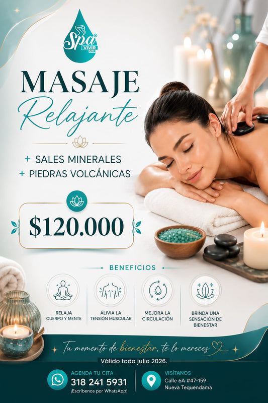 Masaje relajante + sales minerales + piedras volcánicas